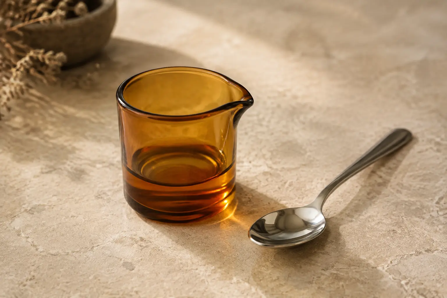 Amber reference liquid beside an unbranded measuring spoon